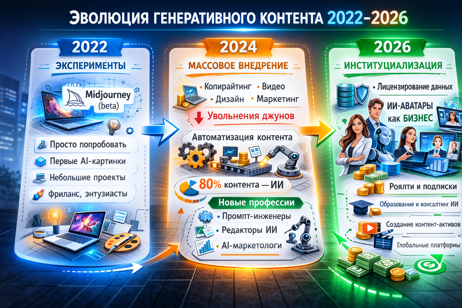 Как заработать на генеративном контенте в 2026 году: полный гайд для новичков и продвинутых Эволюция генеративного контента 2022–2026