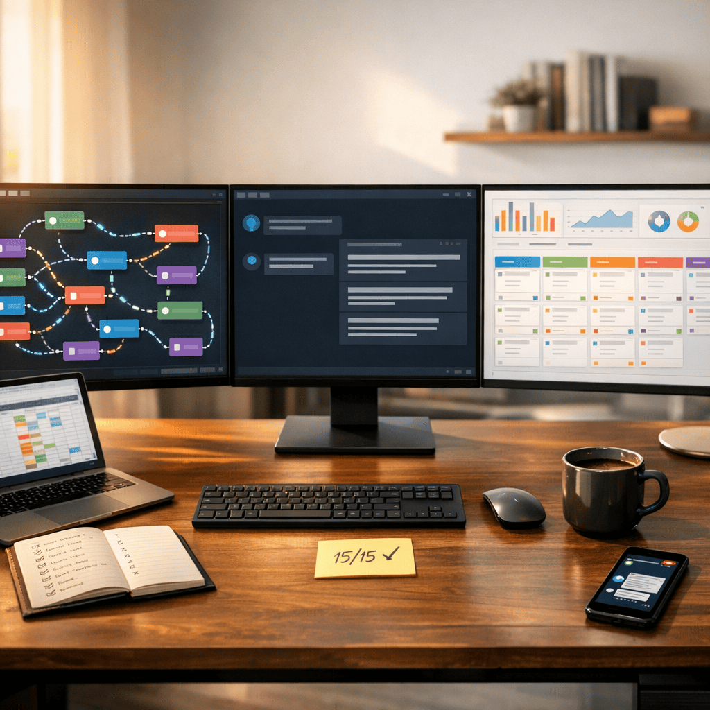 Автоматизация бизнеса нейросетями рабочая панель с n8n, ChatGPT и CRM для управления 15 процессами