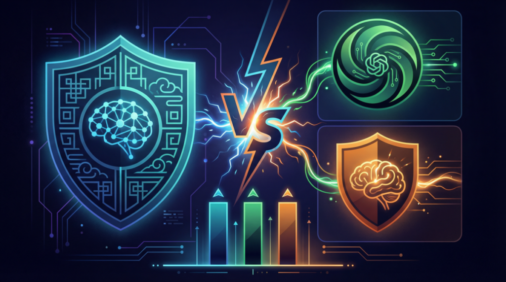 DeepSeek — китайская нейросеть, которая продолжает набирать популярность. Разбираемся, почему Сравнение DeepSeek китайская нейросеть против ChatGPT и Claude — визуальная концепция конкуренции