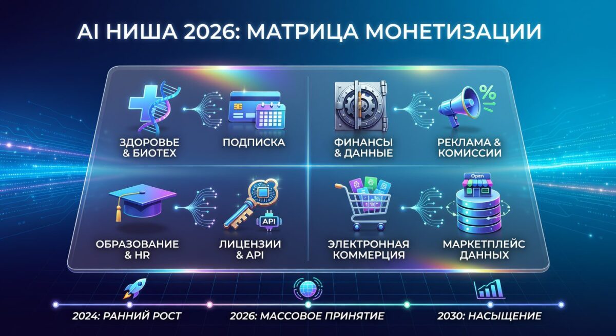 Как выбрать нишу для AI-сайта в 2026: 12 моделей монетизации с реальными цифрами Как выбрать нишу для AI-сайта в 2026 — матрица монетизации 16:9