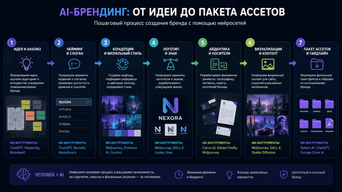 Схема процесса AI-брендинга: от идеи до пакета ассетов