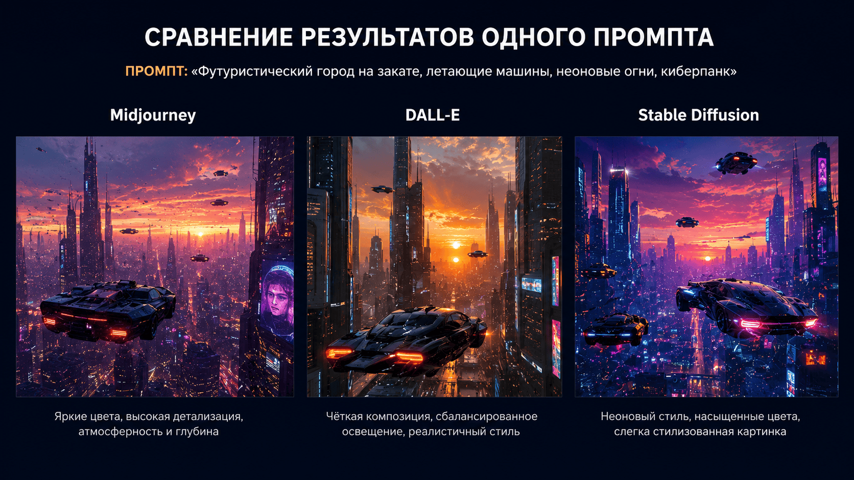 Сравнение результатов одного промпта в Midjourney, DALL-E и Stable Diffusion
