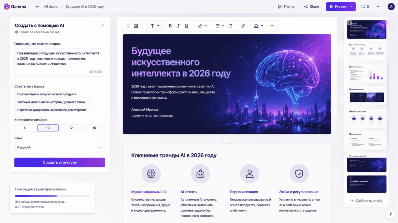 AI для презентаций: быстрые слайды для бизнеса и учёбы Интерфейс AI-сервиса Gamma: генерация слайдов по текстовому описанию за несколько секунд