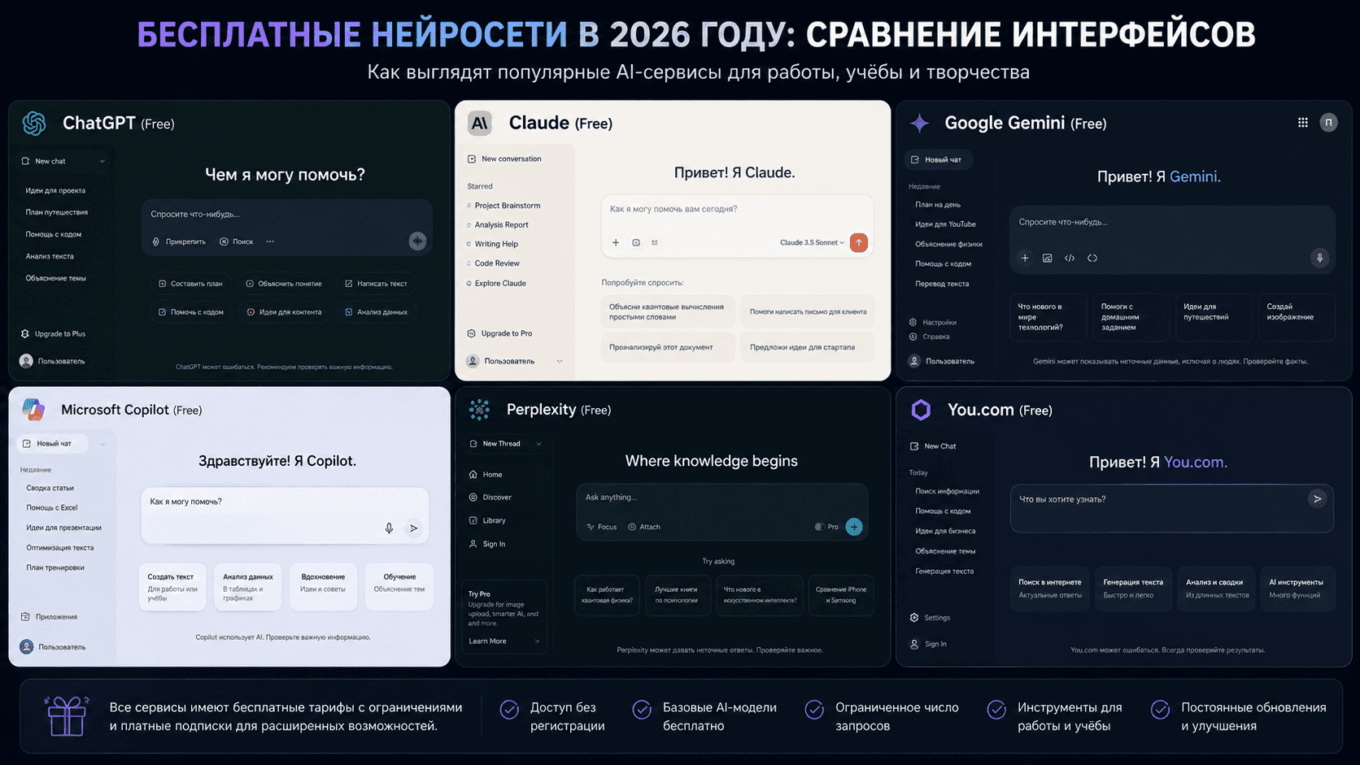 Бесплатные нейросети: что реально стоит использовать в 2026 году Сравнительный коллаж интерфейсов бесплатных нейросетей в 2026 году
