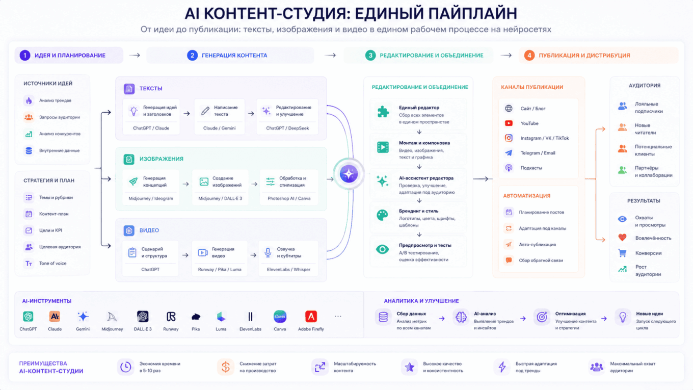 Схема контент-студии на нейросетях: тексты, изображения, видео объединены в единый пайплайн