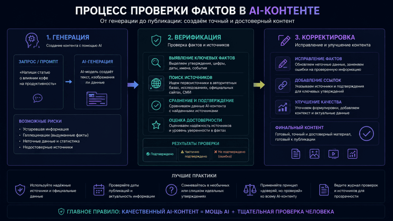 Проверка фактов в AI-контенте: как избежать ошибок и галлюцинаций в 2026 Схема процесса проверки фактов в AI-контенте: генерация, верификация, корректировка