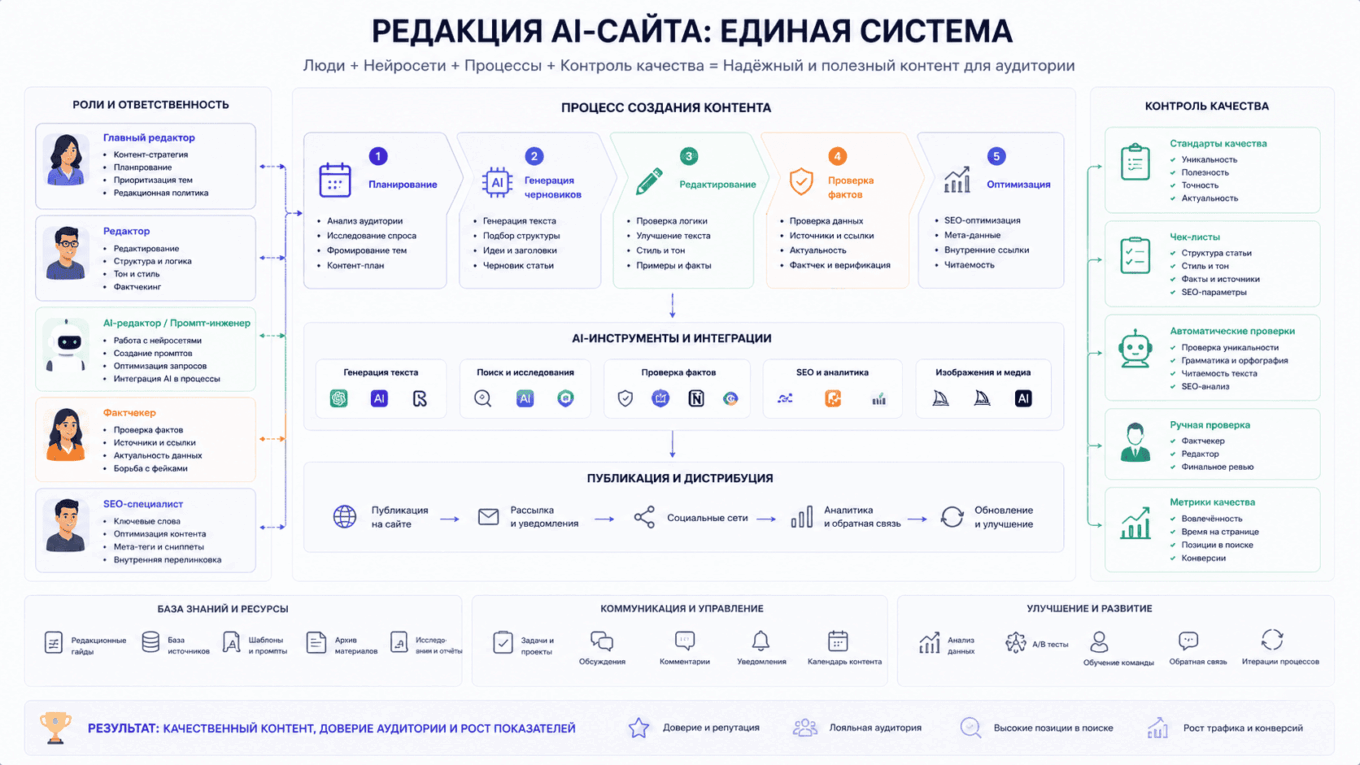 Схема редакции AI-сайта: роли, процессы и контроль качества объединены в единую систему