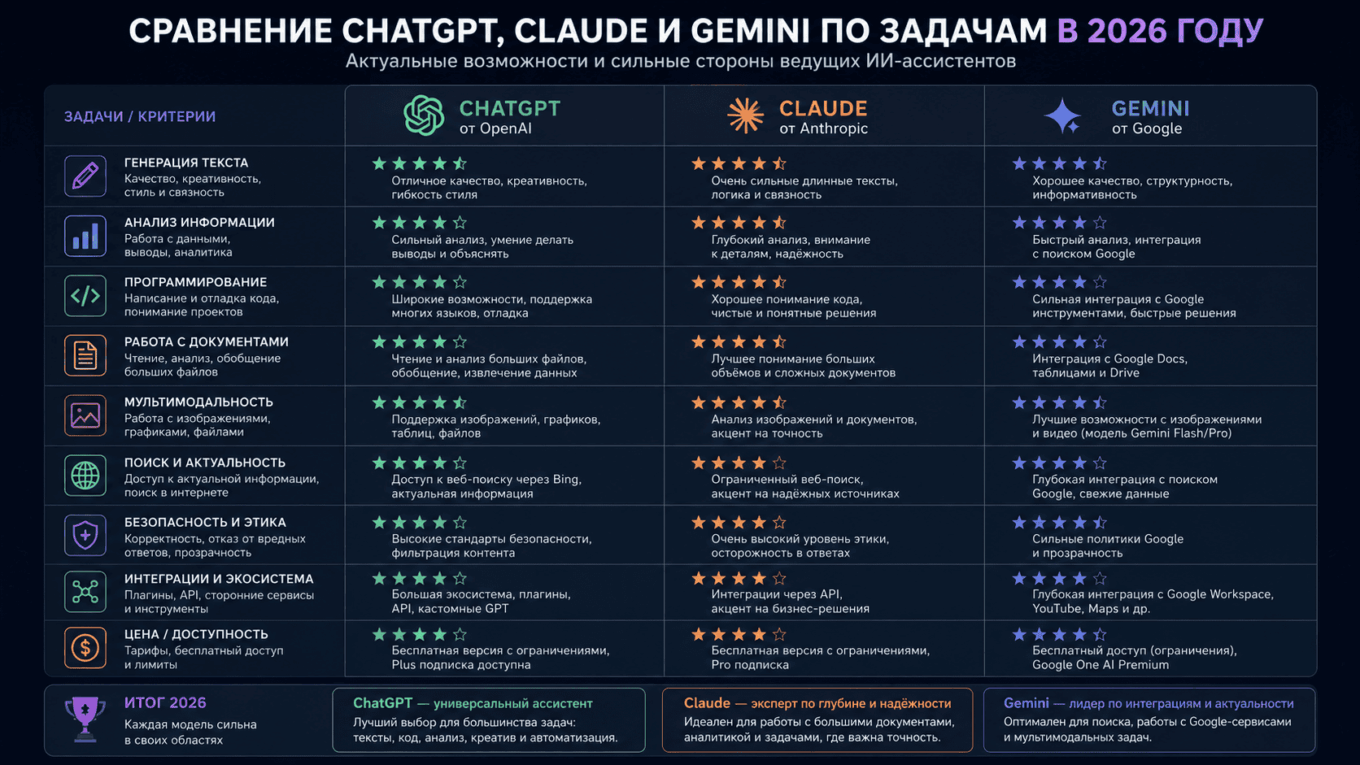 ChatGPT, Claude и Gemini: какую нейросеть брать под задачу Сравнительная схема ChatGPT, Claude и Gemini по задачам в 2026 году