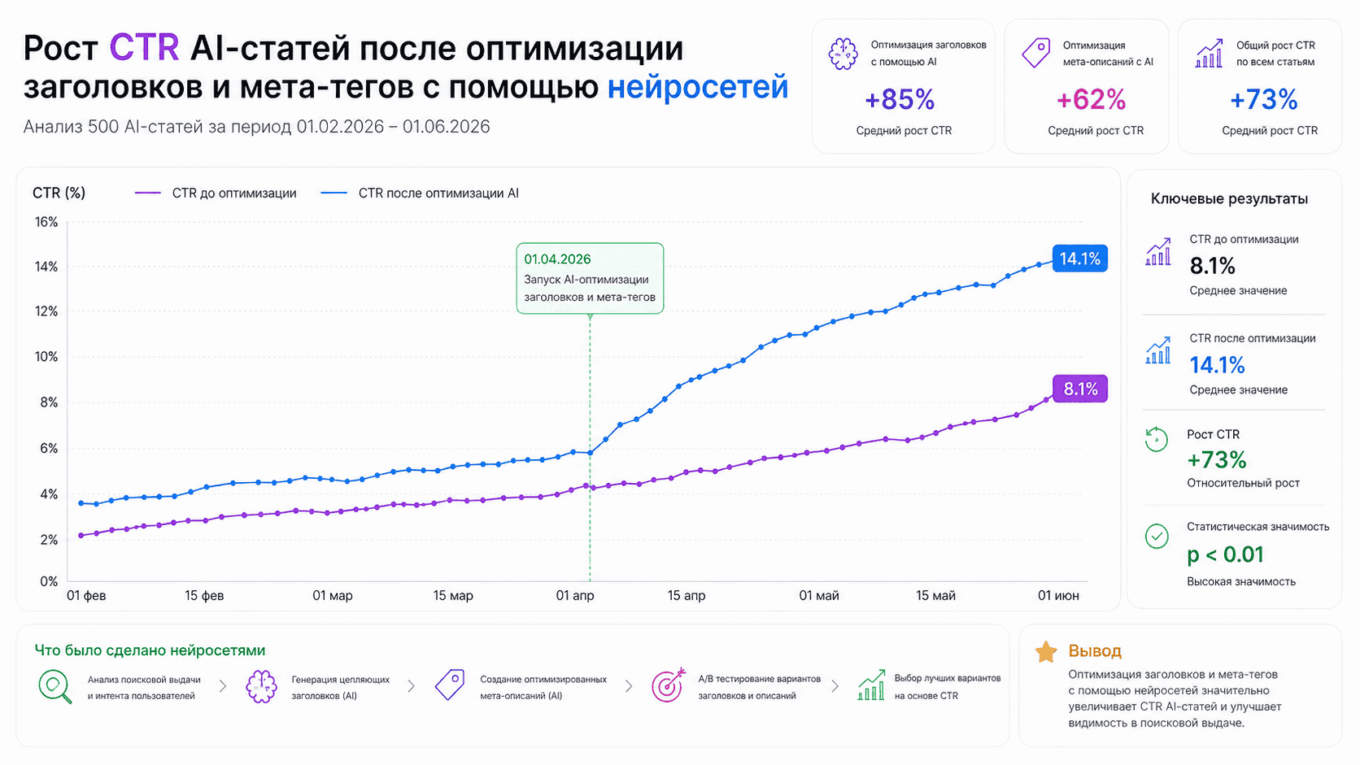 CTR AI-статей: как поднять кликабельность заголовками, мета-тегами и сниппетами График роста CTR AI-статей после оптимизации заголовков и мета-тегов с помощью нейросетей