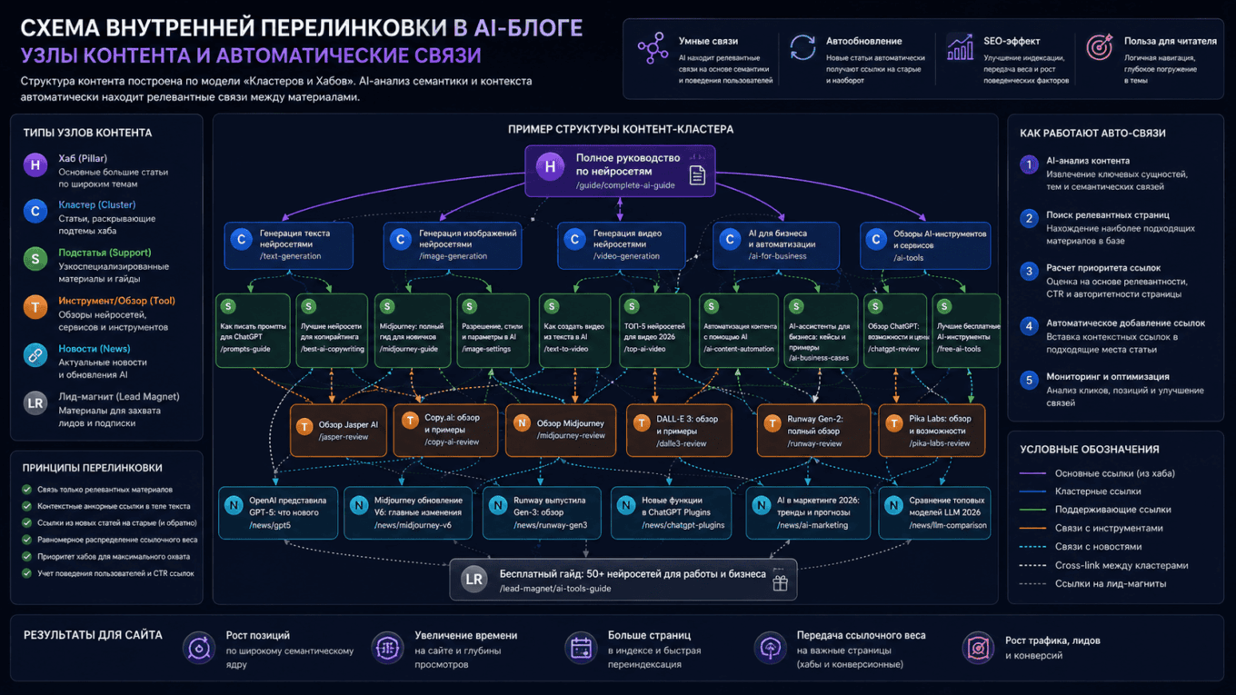 Внутренняя перелинковка в AI-блоге: как настроить и автоматизировать Схема внутренней перелинковки в AI-блоге: узлы контента и автоматические связи